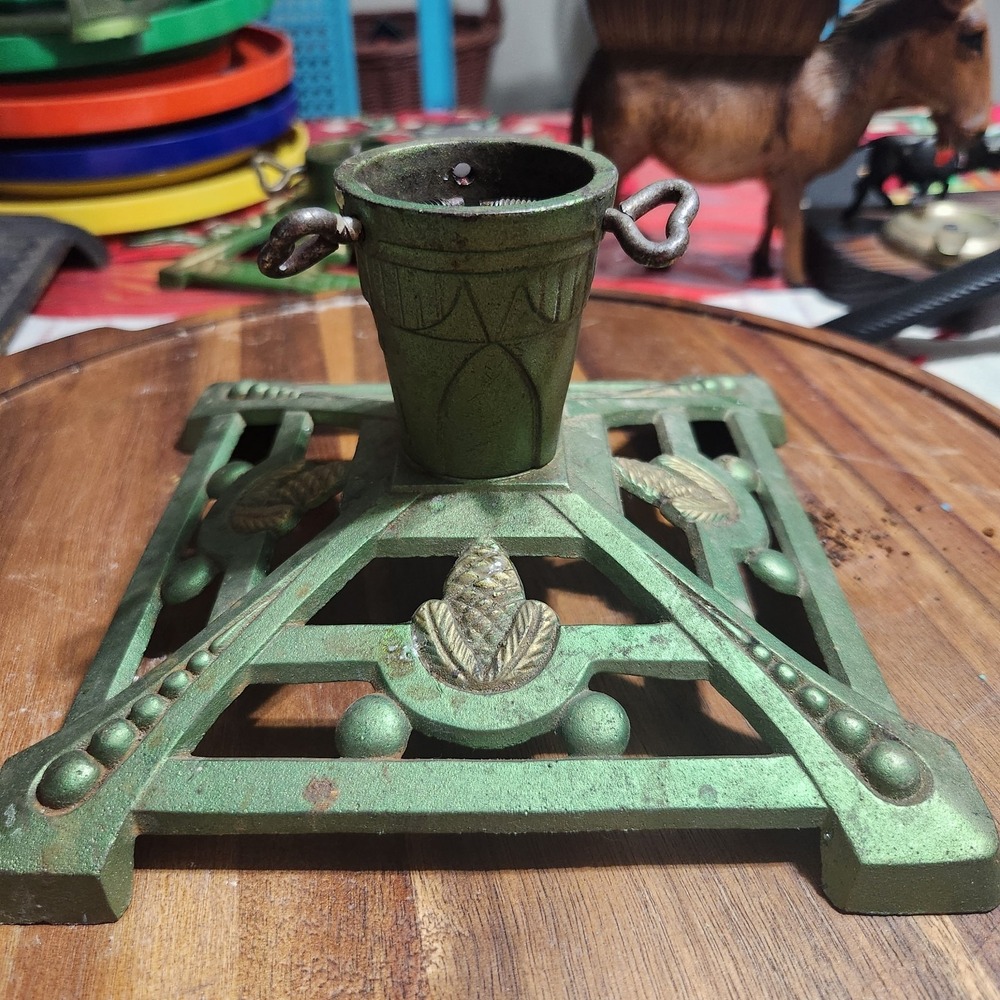Vintage Cast Iron Christmas Tree Stand Green Gold Metal Tree Base w/ Heart Thumb
